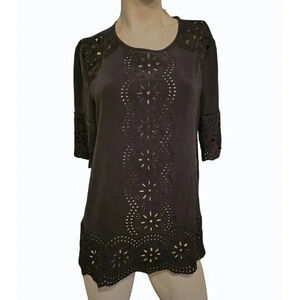 Kate Spade NY Live Colorfully 100% Silk Top Short Sleeves Crochet Accents Small